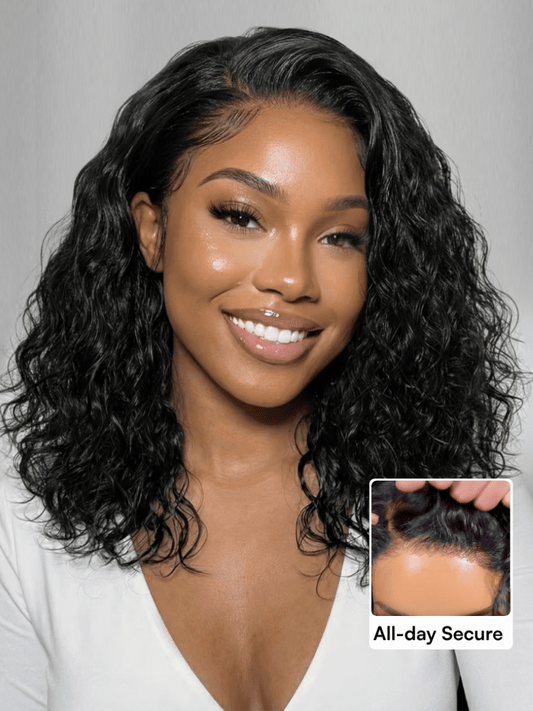 Beautyforever 6x4 Glueless Lace Wig Natural Side Part Short Bob Water Wave Minimalist Lace Human Hair Wig with Drawstring 220% Density