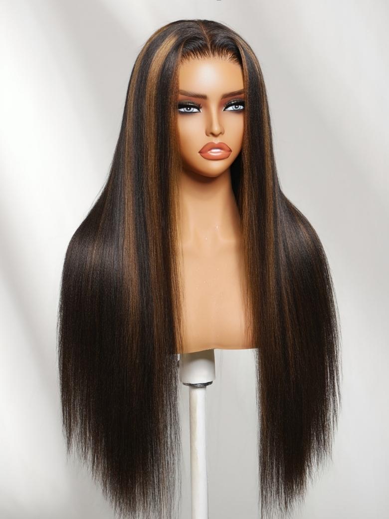 Beautyforever Golden Brown Highlights Yaki Straight Wig 7x5 Bye Bye