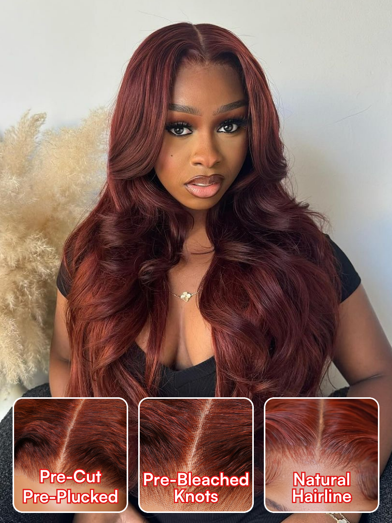 Beautyforever 7x5 ByeBye Knots Wig Reddish Brown Body Wave Put on and Go Glueless Wigs with Bleached Knots