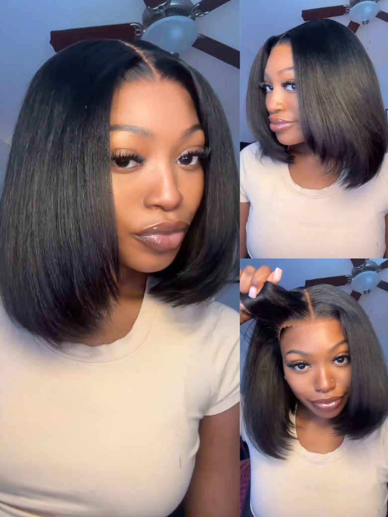 Beautyforever 7x5 No Slip Gluleless Lace Wig Yaki Straight Short Bob  Human Hair Wig with Face-Framing Layers