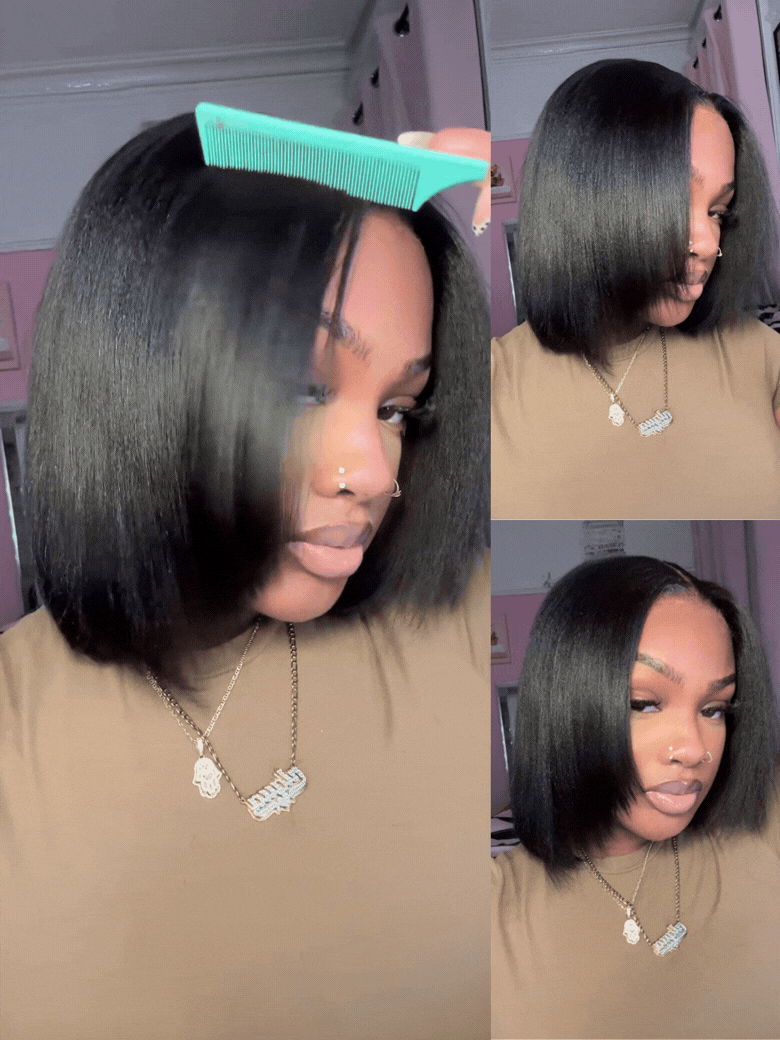 Beautyforever 7x5 No Slip Gluleless Lace Wig Yaki Straight Short Bob  Human Hair Wig with Face-Framing Layers