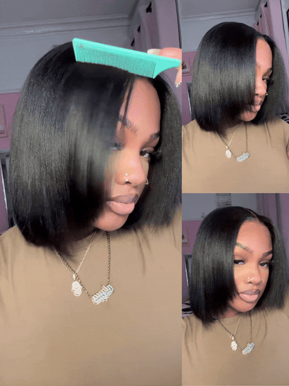 Beautyforever 7x5 No Slip Gluleless Lace Wig Yaki Straight Short Bob  Human Hair Wig with Face-Framing Layers