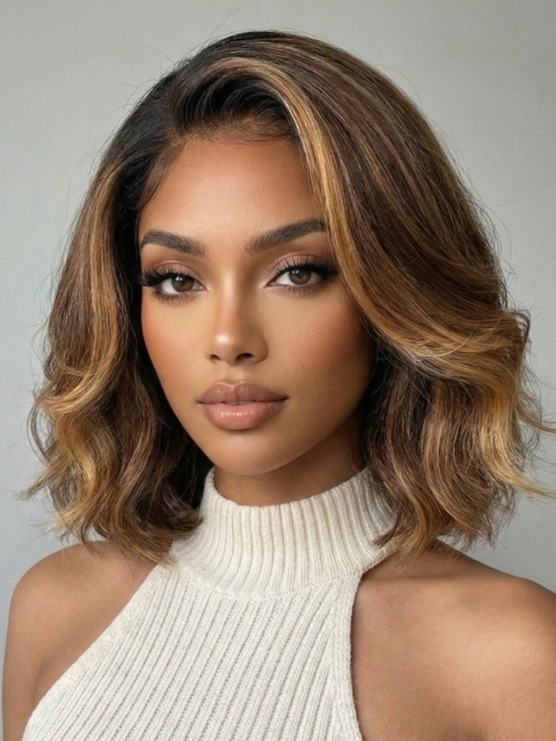 Beautyforever 7x5 and 13x4 Pre-Everything Lace Forntal Side Part Wig Brown With Honey Blonde Face-Framing Highlights Bob Human Hair Wig