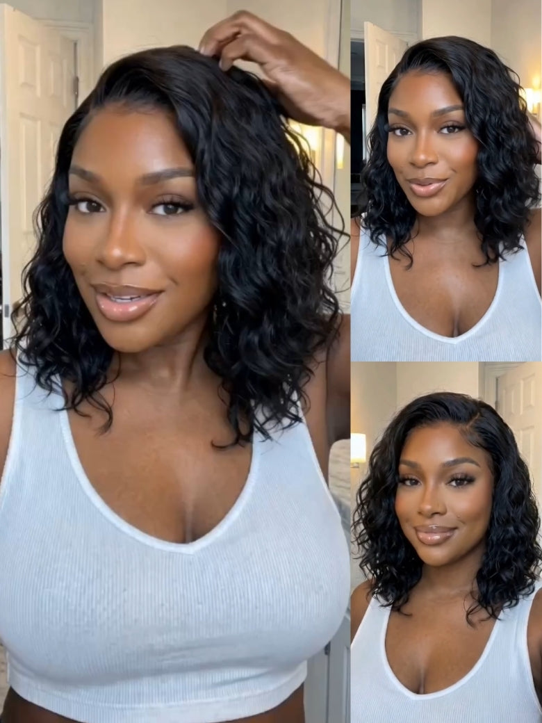 Beautyforever 6x4 Glueless Lace Wig Natural Side Part Short Bob Water Wave Minimalist Lace Human Hair Wig with Drawstring 220% Density