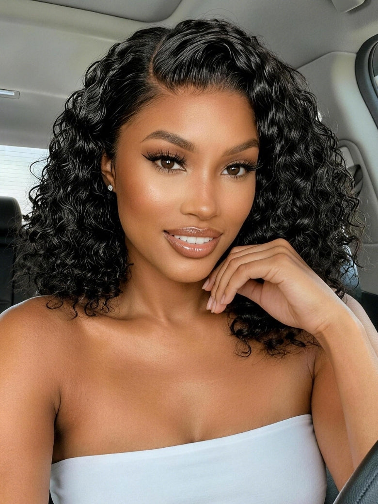 Beautyforever 6x4 Glueless Lace Wig Natural Side Part Short Bob Water Wave Minimalist Lace Human Hair Wig with Drawstring 220% Density