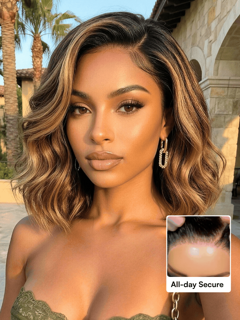 Beautyforever 7x5 and 13x4 Pre-Everything Lace Forntal Side Part Wig Brown With Honey Blonde Face-Framing Highlights Bob Human Hair Wig