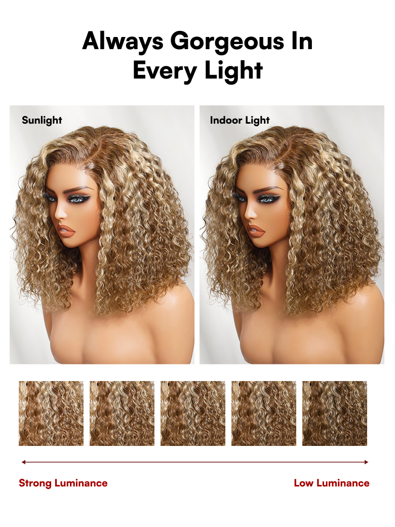 Beautyforever 7x5 No Slip Lace Closure Wig Honey Blonde Highlights Voluminous Curly Bob Human Hair Wig