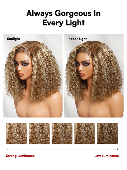 Beautyforever 7x5 No Slip Lace Closure Wig Honey Blonde Highlights Voluminous Curly Bob Human Hair Wig