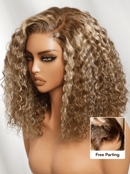 Beautyforever 7x5 No Slip Lace Closure Wig Honey Blonde Highlights Voluminous Curly Bob Human Hair Wig