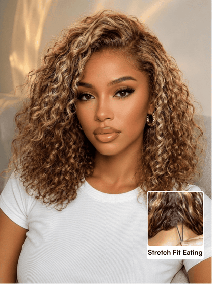 Beautyforever 7x5 No Slip Lace Closure Wig Honey Blonde Highlights Voluminous Curly Bob Human Hair Wig