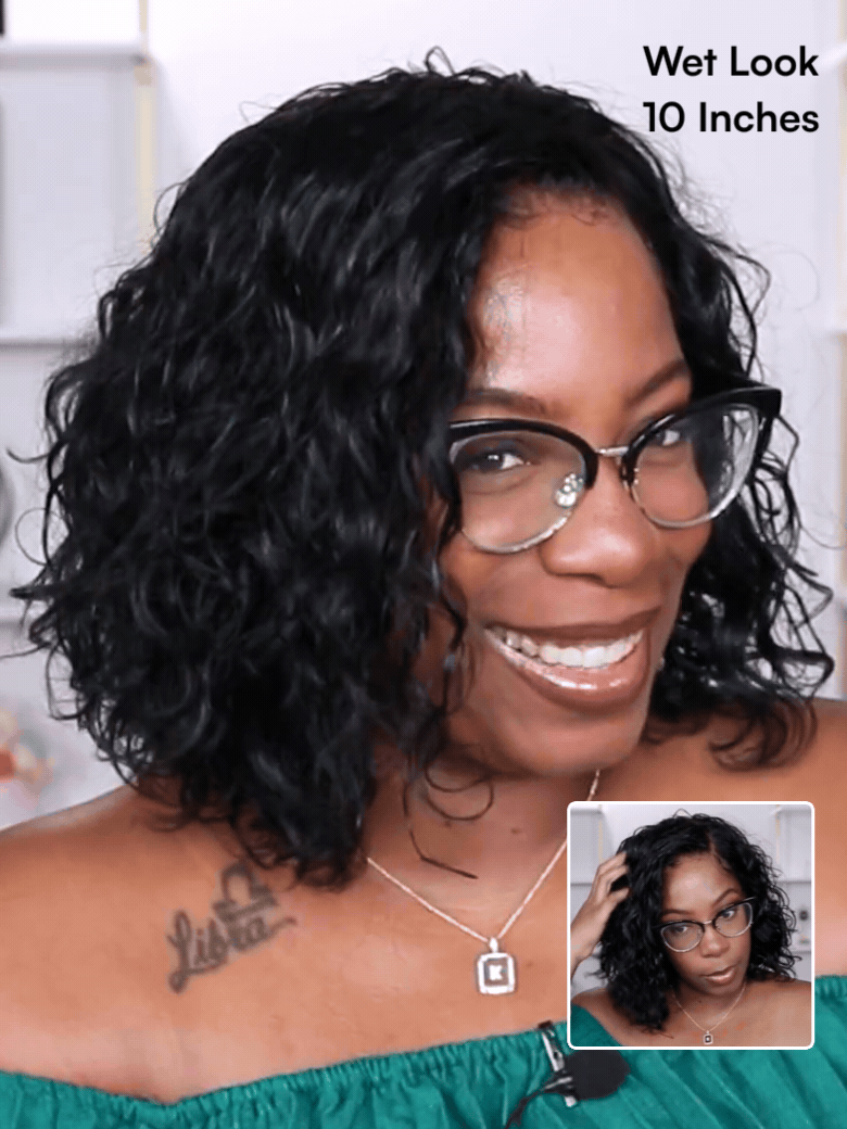 Beautyforever 6x4 Glueless Lace Wig Natural Side Part Short Bob Water Wave Minimalist Lace Human Hair Wig with Drawstring 220% Density