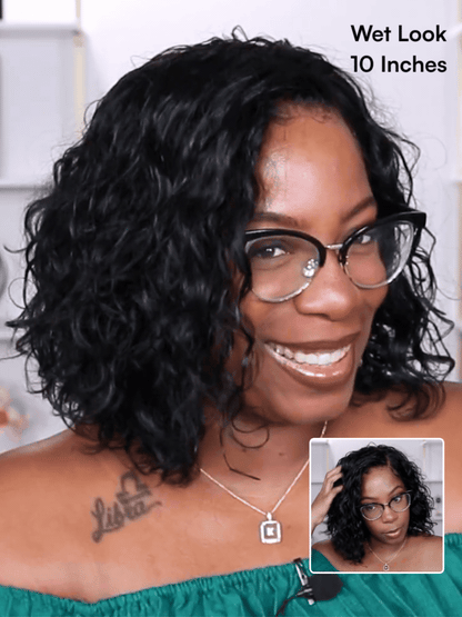 Beautyforever 6x4 Glueless Lace Wig Natural Side Part Short Bob Water Wave Minimalist Lace Human Hair Wig with Drawstring 220% Density