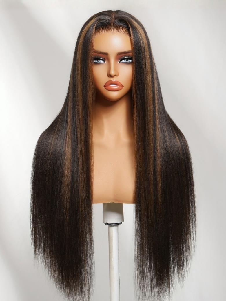 Beautyforever Golden Brown Highlights Yaki Straight Wig 7x5 Bye Bye