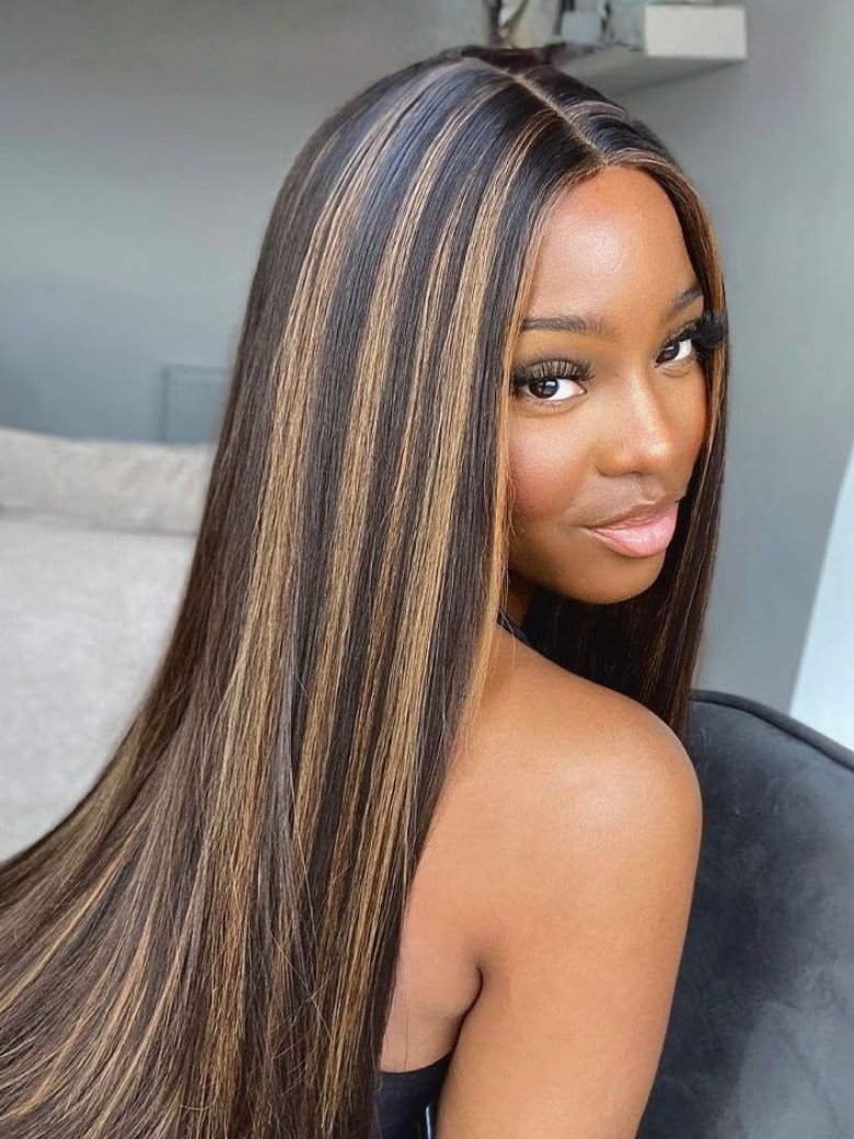 Beautyforever Yaki Straight Golden Brown Highlights Wig 7x5 Bye Bye