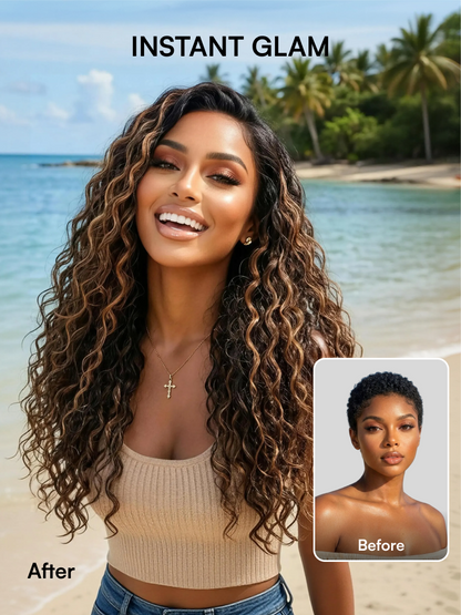 Beautyforever Golden Brown Highlight Water Wave 7x5 Bye Bye Knots Lace Closure Glueless Human Hair Wig with Drawstring