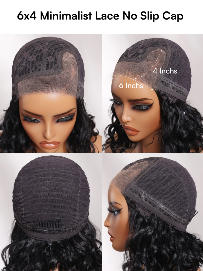 Beautyforever 6x4 Glueless Lace Wig Natural Side Part Short Bob Water Wave Minimalist Lace Human Hair Wig with Drawstring 220% Density