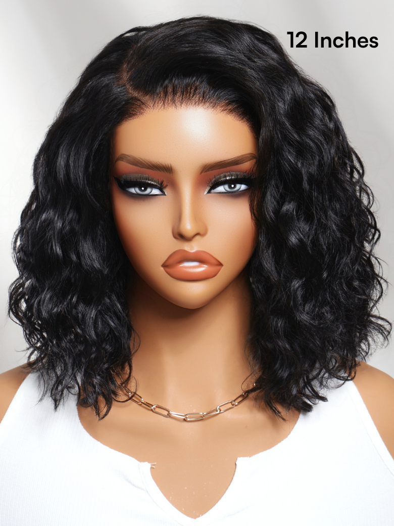 Beautyforever 6x4 Glueless Lace Wig Natural Side Part Short Bob Water Wave Minimalist Lace Human Hair Wig with Drawstring 220% Density
