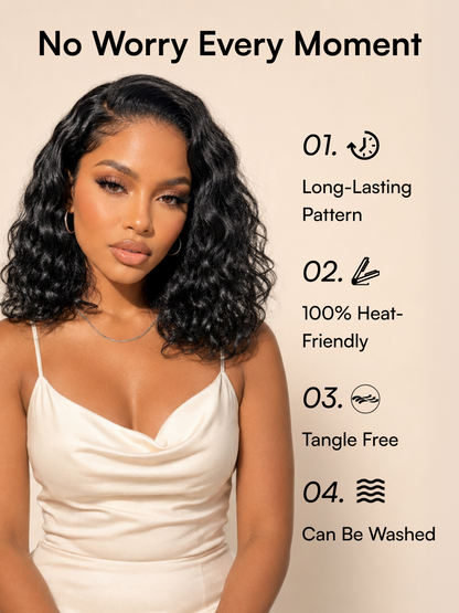 Beautyforever 6x4 Glueless Lace Wig Natural Side Part Short Bob Water Wave Minimalist Lace Human Hair Wig with Drawstring 220% Density
