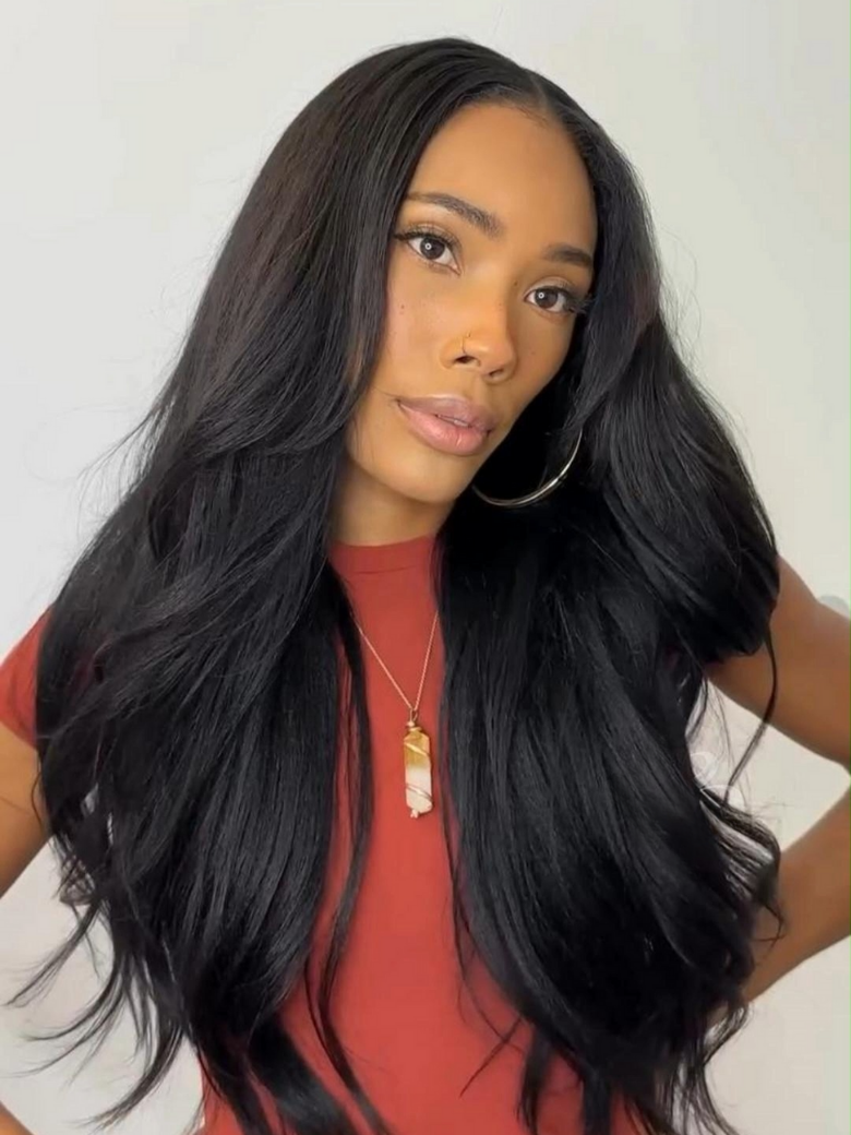 Beautyforever EasiContour V Part Yaki Straight Wig Real Scalp Put on and Go Glueless Human Hair Wig