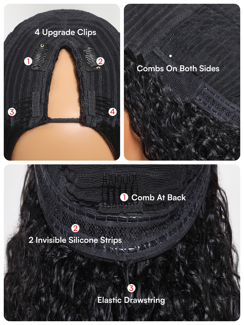 Beautyforever EasiContour V Part Kinky Curly Glueless Put on and Go Human Hair Wigs Protective Style Wig Natural Color