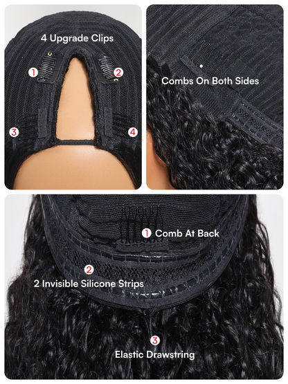 Beautyforever EasiContour V Part Kinky Curly Glueless Put on and Go Human Hair Wigs Protective Style Wig Natural Color