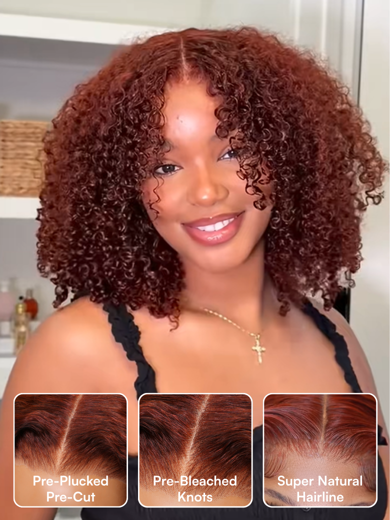 Beautyforever 7x5 Bye Bye Knots Reddish Brown Auburn Afro Kinky Curly Wigs Put on and Go Glueless Lace Human Hair Wig