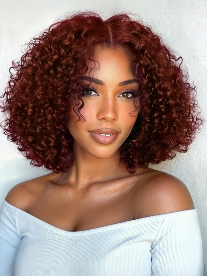 Beautyforever 7x5 Bye Bye Knots Reddish Brown Auburn Afro Kinky Curly Wigs Put on and Go Glueless Lace Human Hair Wig