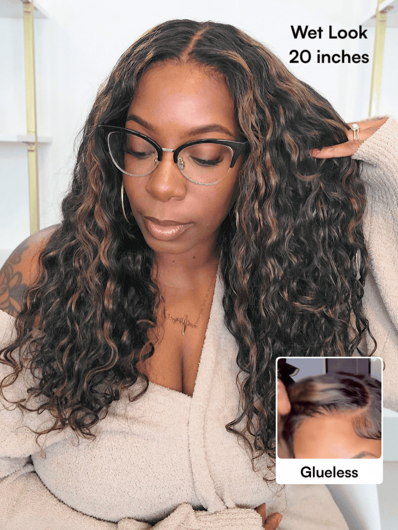 Beautyforever Golden Brown Highlight Water Wave 7x5 Bye Bye Knots Lace Closure Glueless Human Hair Wig with Drawstring