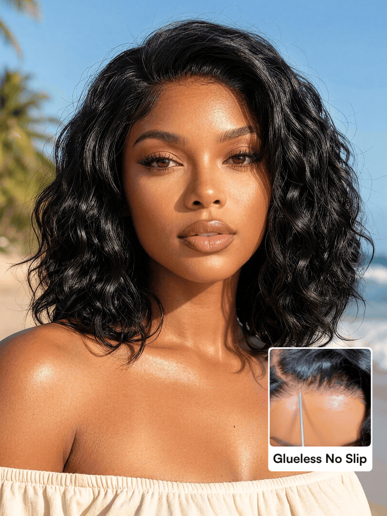 Beautyforever 6x4 Glueless Lace Wig Natural Side Part Short Bob Water Wave Minimalist Lace Human Hair Wig with Drawstring 220% Density