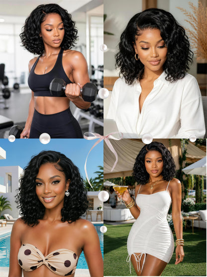 Beautyforever 6x4 Glueless Lace Wig Natural Side Part Short Bob Water Wave Minimalist Lace Human Hair Wig with Drawstring 220% Density