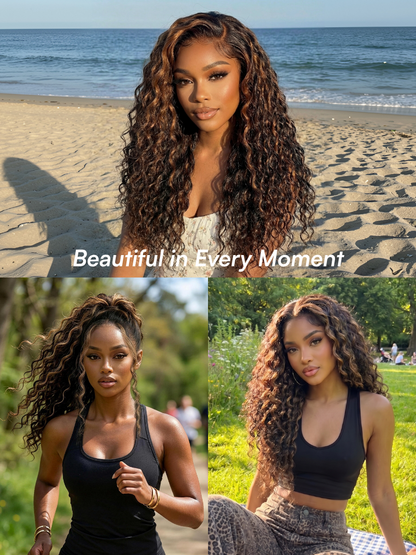 Beautyforever Golden Brown Highlight Water Wave 7x5 Bye Bye Knots Lace Closure Glueless Human Hair Wig with Drawstring