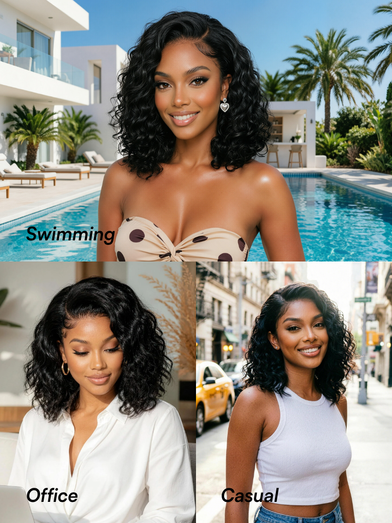 Beautyforever 6x4 Glueless Lace Wig Natural Side Part Short Bob Water Wave Minimalist Lace Human Hair Wig with Drawstring 220% Density
