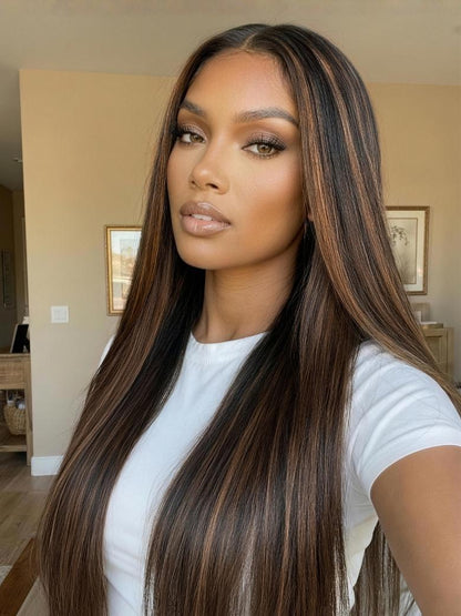 Beautyforever Golden Brown Highlights Yaki Straight Wig 7x5 Bye Bye