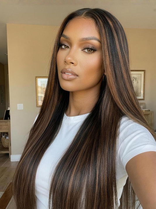 Beautyforever Golden Brown Highlights Yaki Straight Wig 7x5 Bye Bye