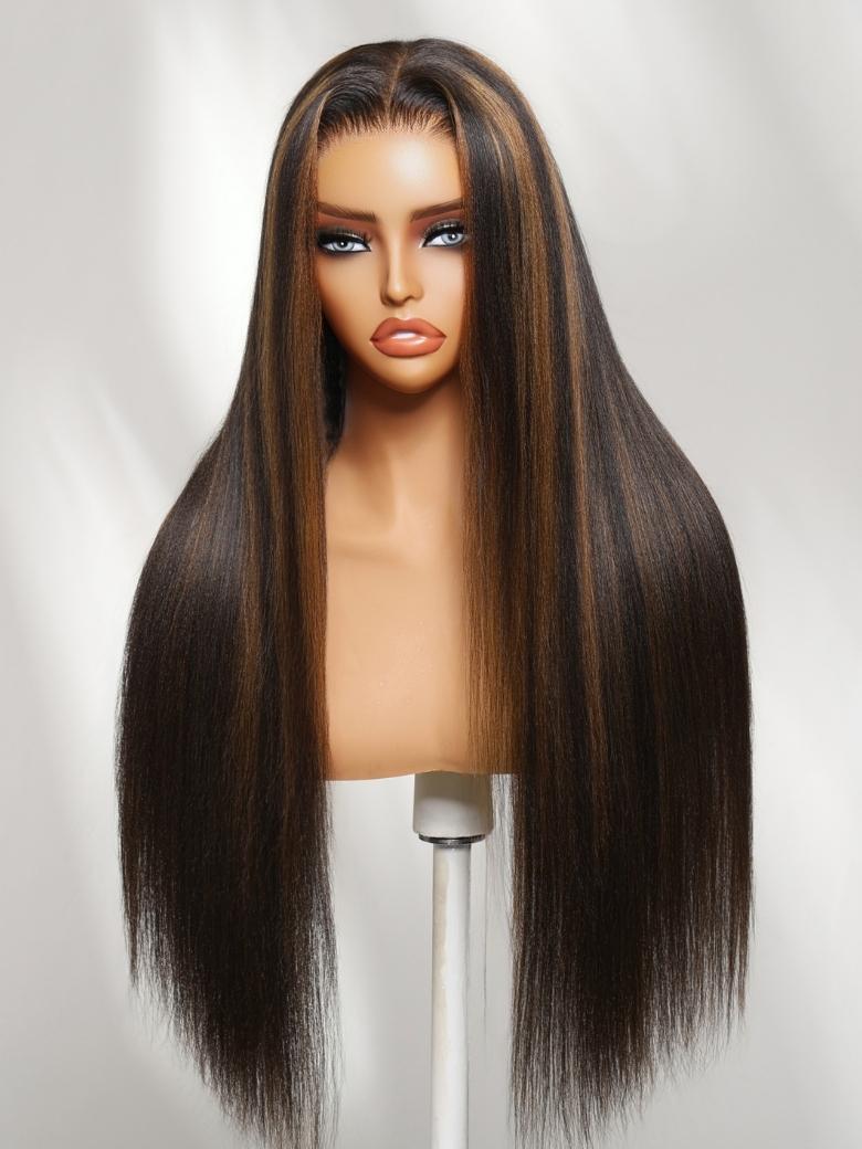 Beautyforever Golden Brown Highlights Yaki Straight Wig 7x5 Bye Bye