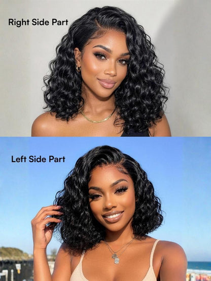 Beautyforever 6x4 Glueless Lace Wig Natural Side Part Short Bob Water Wave Minimalist Lace Human Hair Wig with Drawstring 220% Density