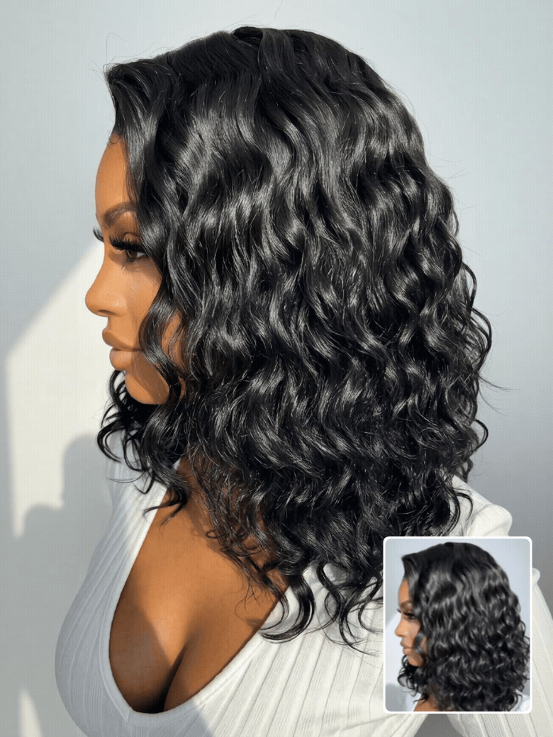 Beautyforever 6x4 Glueless Lace Wig Natural Side Part Short Bob Water Wave Minimalist Lace Human Hair Wig with Drawstring 220% Density