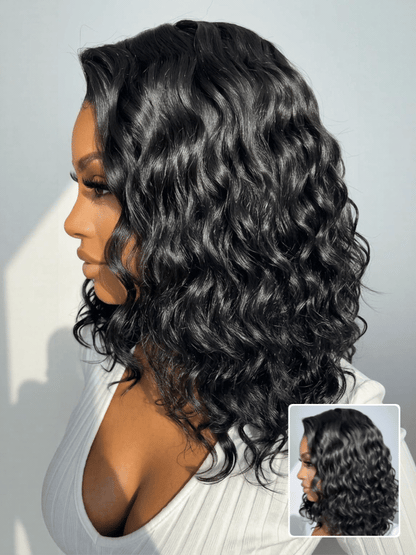 Beautyforever 6x4 Glueless Lace Wig Natural Side Part Short Bob Water Wave Minimalist Lace Human Hair Wig with Drawstring 220% Density