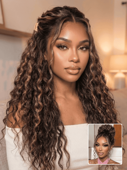 Beautyforever Golden Brown Highlight Water Wave 7x5 Bye Bye Knots Lace Closure Glueless Human Hair Wig with Drawstring