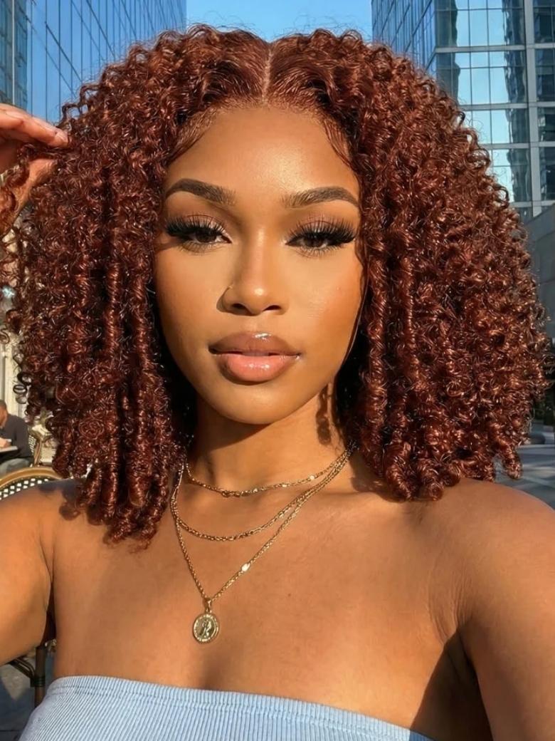 Beautyforever 7x5 Bye Bye Knots Reddish Brown Auburn Afro Kinky Curly Wigs Put on and Go Glueless Lace Human Hair Wig