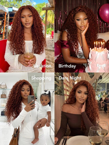 Beautyforever @KIE Reddish Brown Auburn Water Wave Wig 7x5 Bye Bye Knots Glueless Lace Closure Human Hair Wig