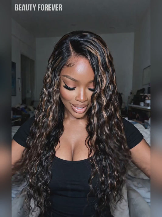 Beautyforever Golden Brown Highlight Water Wave 7x5 Bye Bye Knots Lace Closure Glueless Human Hair Wig with Drawstring