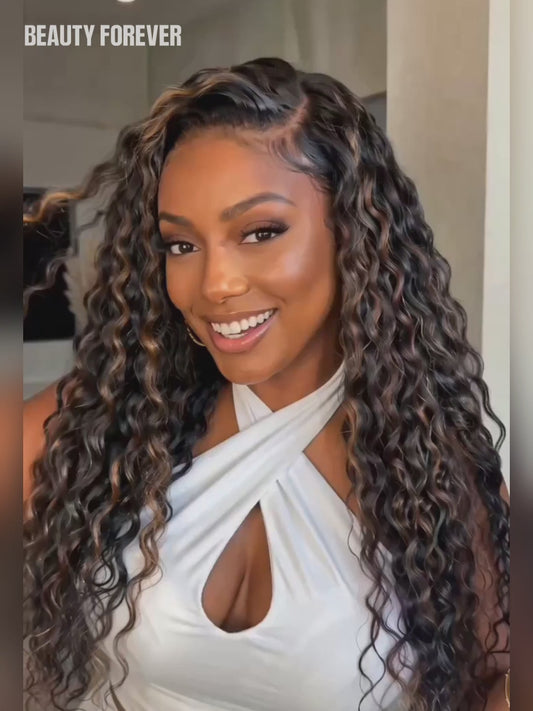 Beautyforever Golden Brown Highlight Water Wave 7x5 Bye Bye Knots Lace Closure Glueless Human Hair Wig with Drawstring